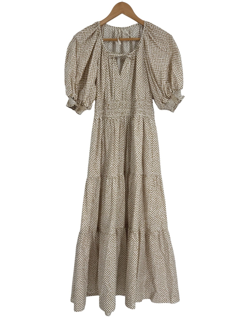 Anthropologie The Somerset Maxi Dress Puff-Sleeve  Tan Size M Cotton Tiered